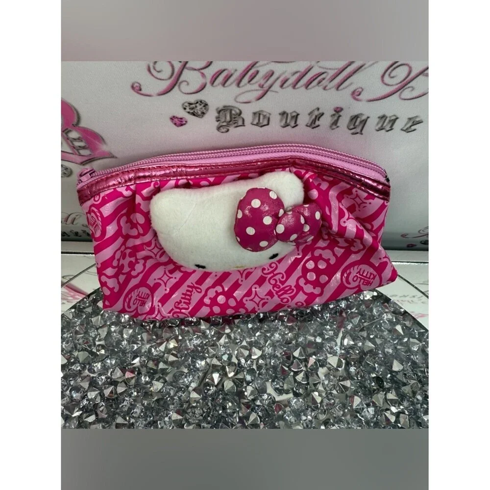 Hello Kitty bag makeup plush White Plush Face Pink Polka Dot Bow Cosmetic Pouch